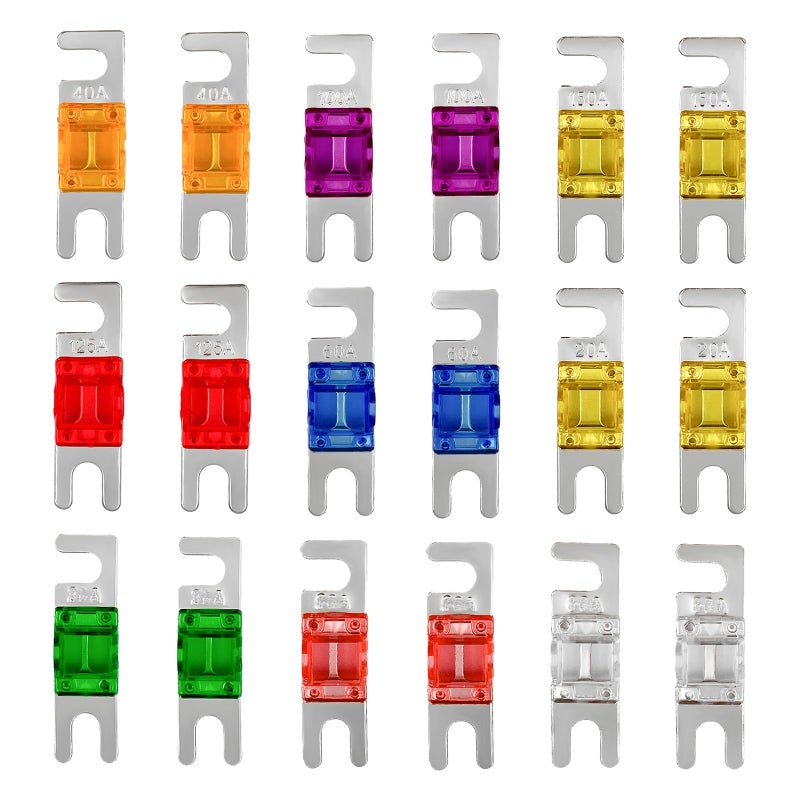 Suvnie 18 PCS Mini ANL Fuse for Car Multipack Plated ANL Blade Fuse Set 20A 30A 40A 50A 60A 80A 100A 125A 150A Fuse Replacement for Automotive Marine Audio Video Electronic System